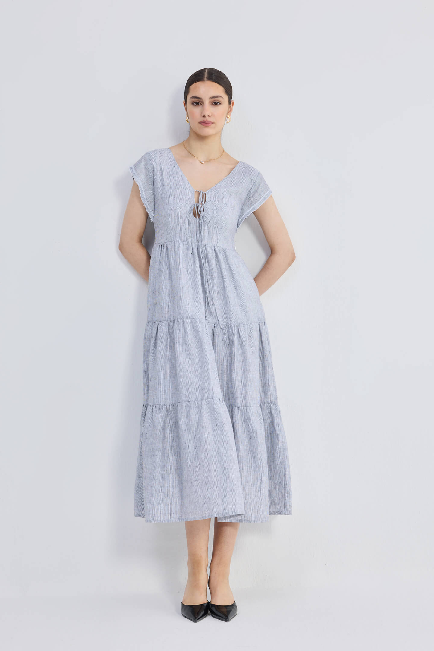 Maxi Tiered Dress with Front-ties in Linen Stripes
