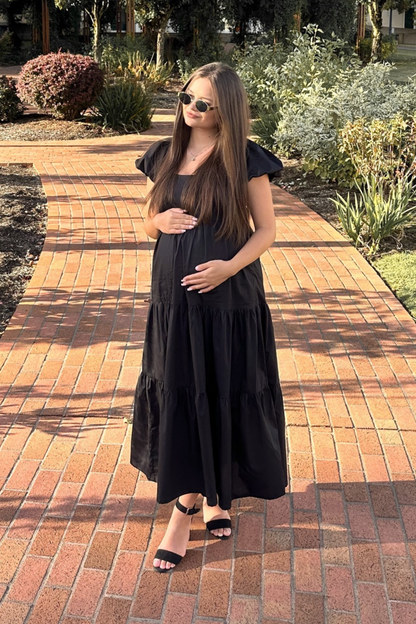 Puff Sleeve Tiered Maxi Dress in Black
