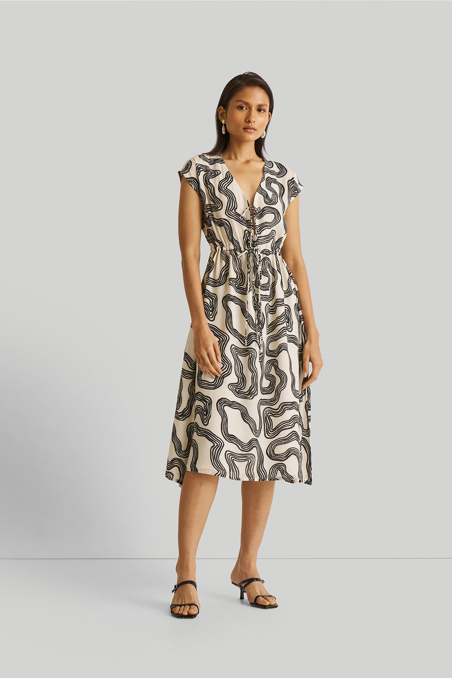 Deep V-neck Gathered Dress in Black Stripes