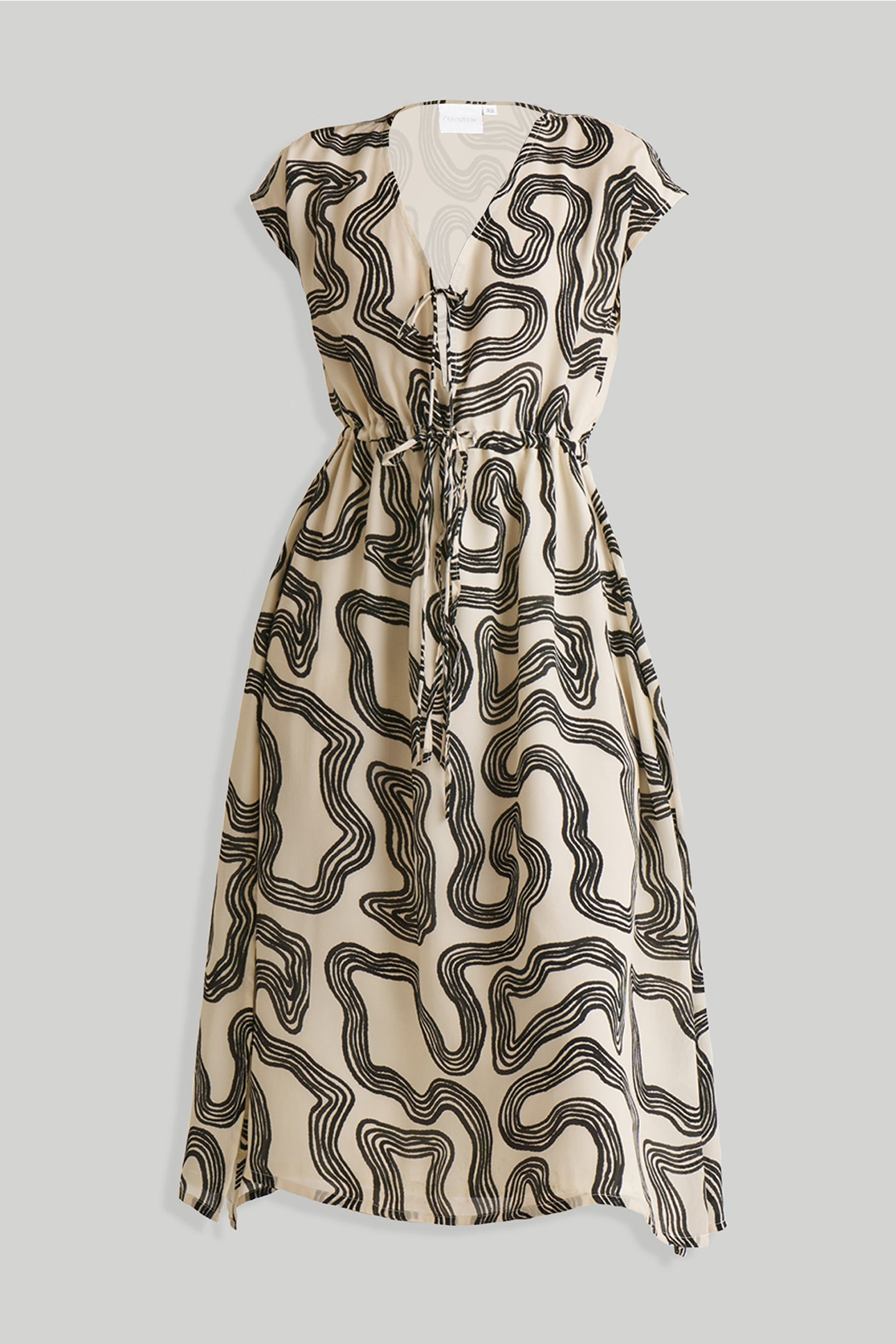 Deep V-neck Gathered Dress in Black Stripes