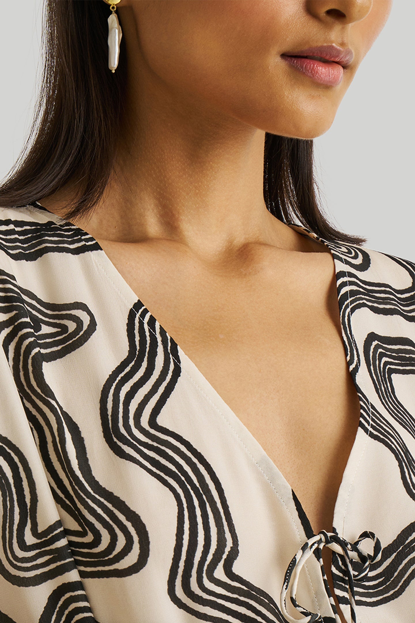 Deep V-neck Gathered Dress in Black Stripes