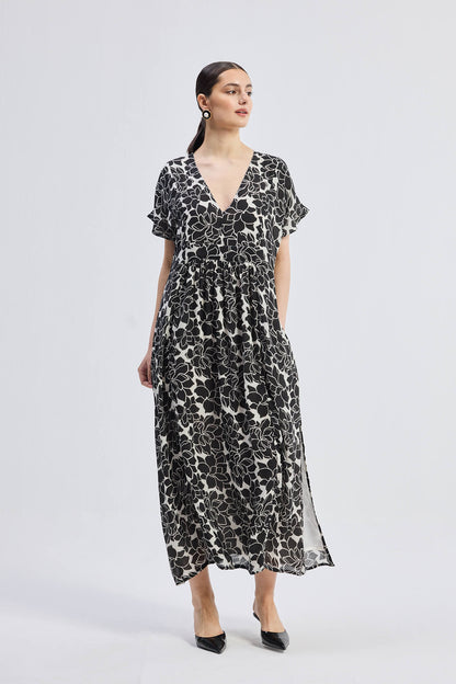 Deep V-neck Maxi Dress with Front Gathers in Black Florals