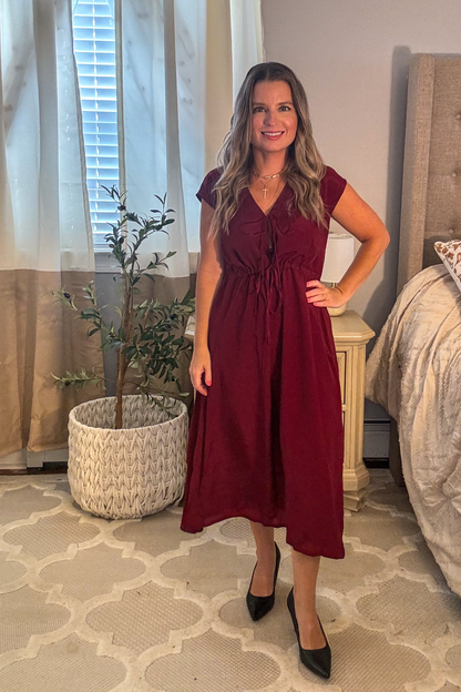 Deep V-neck Gathered Dress in Burgundy