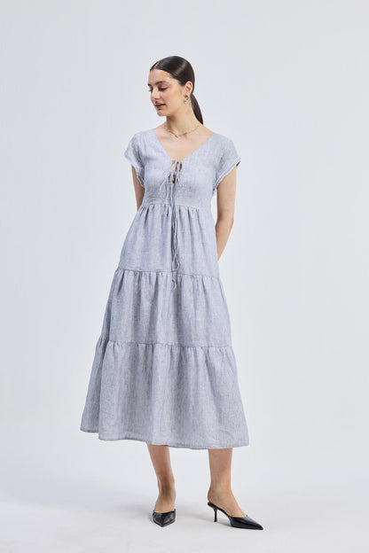Maxi Tiered Dress with Front-ties in Linen Stripes
