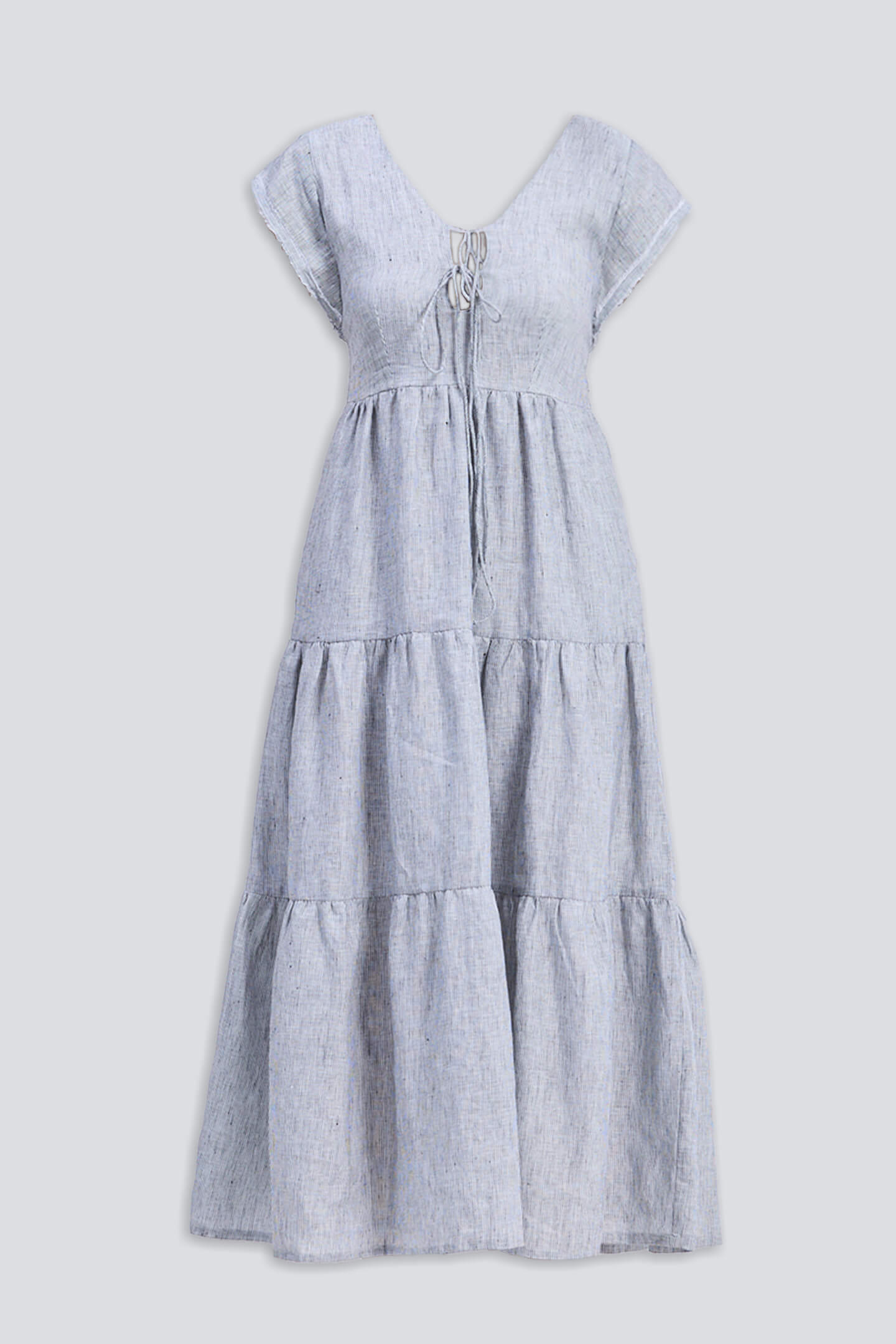 Maxi Tiered Dress with Front-ties in Linen Stripes