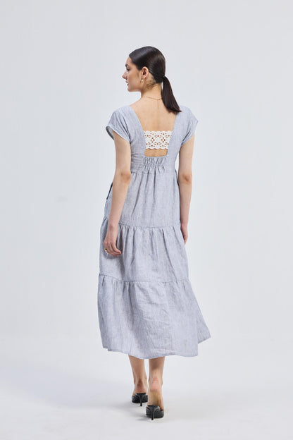 Maxi Tiered Dress with Front-ties in Linen Stripes