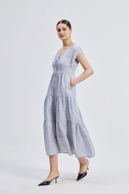 Maxi Tiered Dress with Front-ties in Linen Stripes