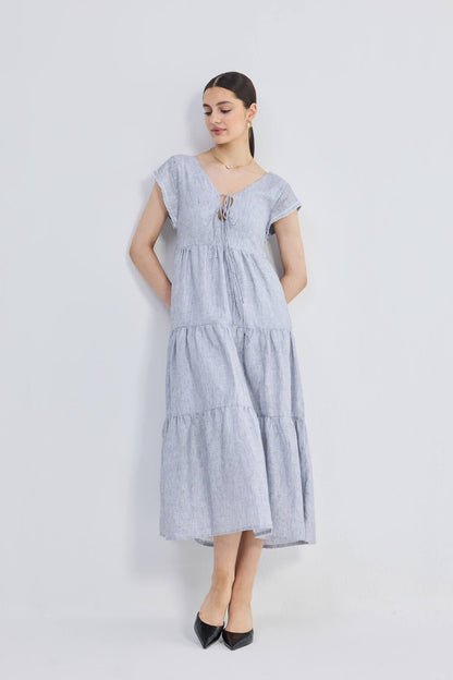 Maxi Tiered Dress with Front-ties in Linen Stripes