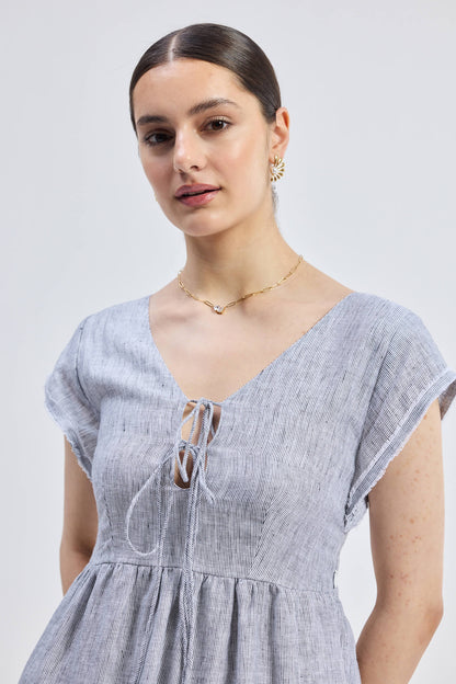 Maxi Tiered Dress with Front-ties in Linen Stripes