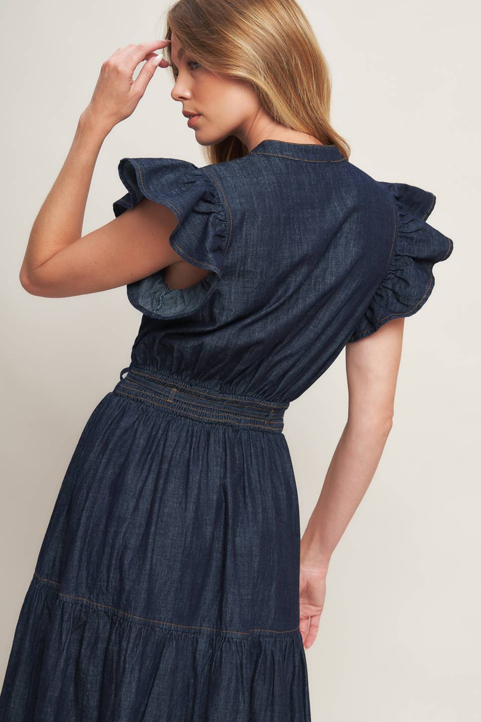 POWER DENIM GODDESS DARK INDIGO MIDI DRESS