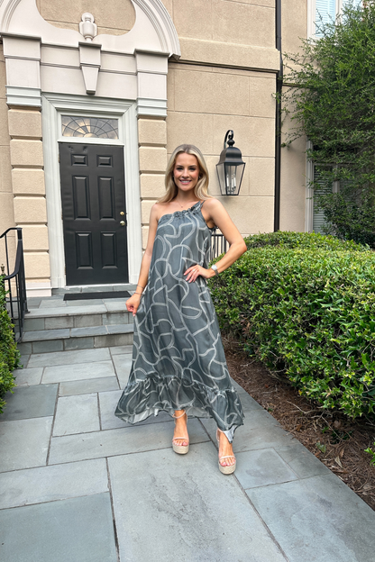 One Shoulder Maxi Dress in Abstract Stripes